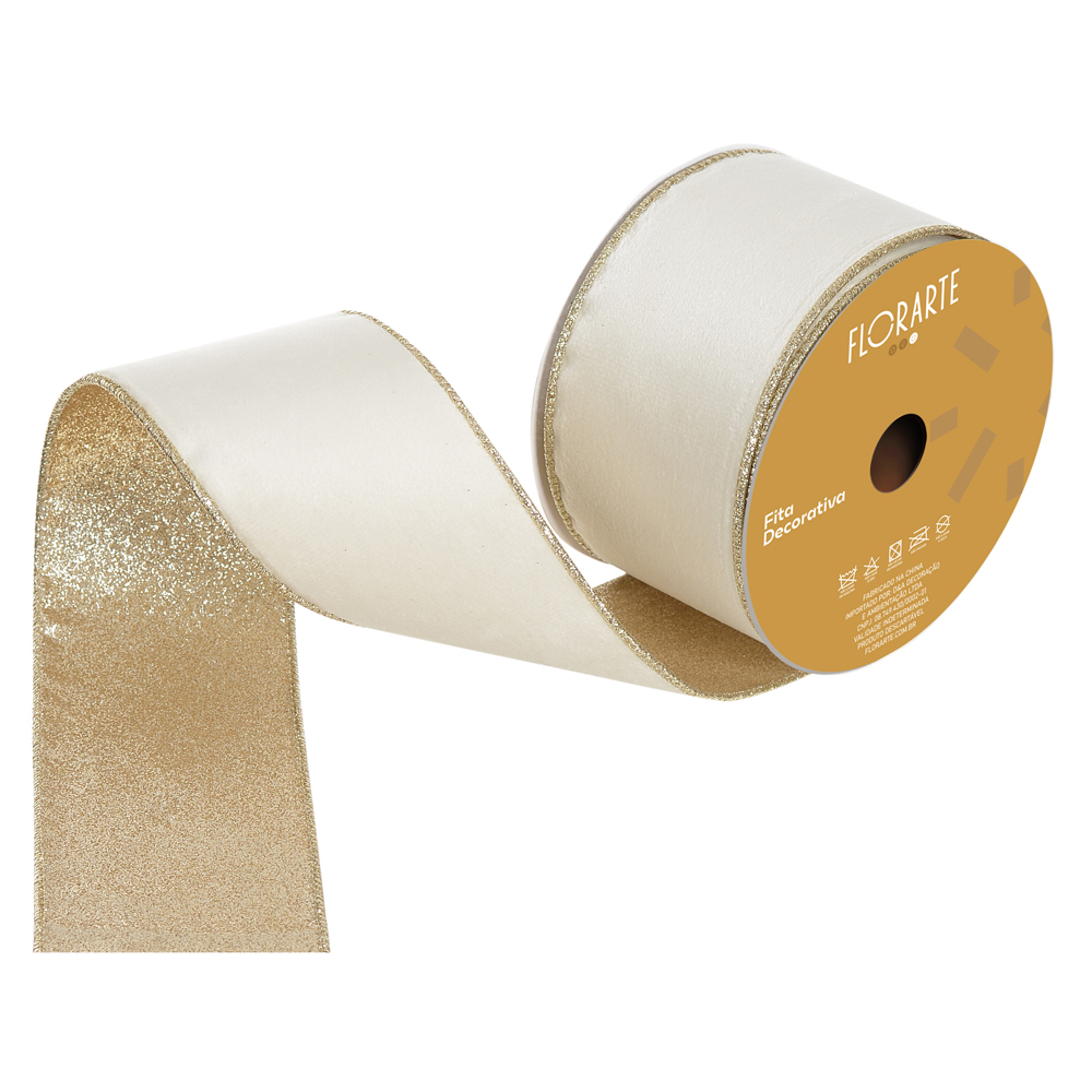 FITA ARAMADA VELUDO DUPLA FACE C/COSTURA (OFF WHITE CHAMPANHE) 6,3cmX9,14m