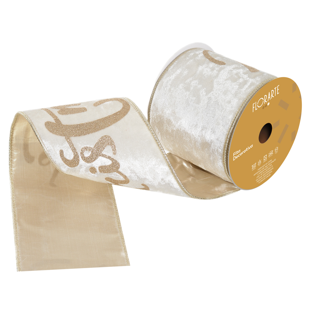 FITA ARAMADA VELUDO DUPLA FACE C/COSTURA (BRANCO CHAMPANHE) 10cmX5m