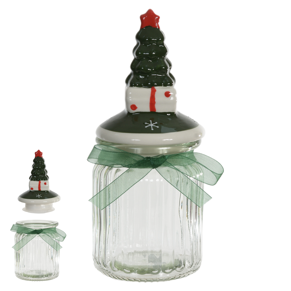 POTE DE VIDRO 300ML NATAL ARVORE C/TAMPA (VERDE BRANCO) 18cm