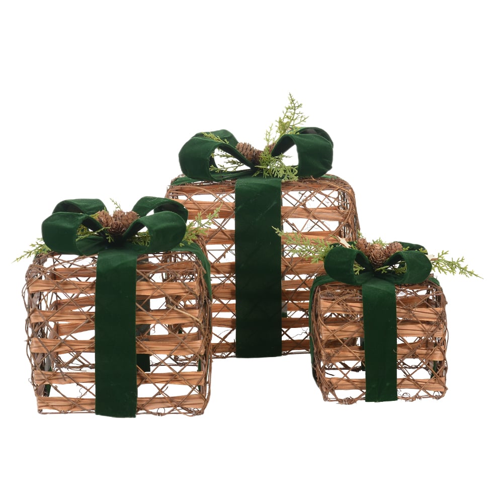 NATAL  CJ PRESENTES DECORATIVOS C/ LED C/3 25cm (MARROM VERDE)