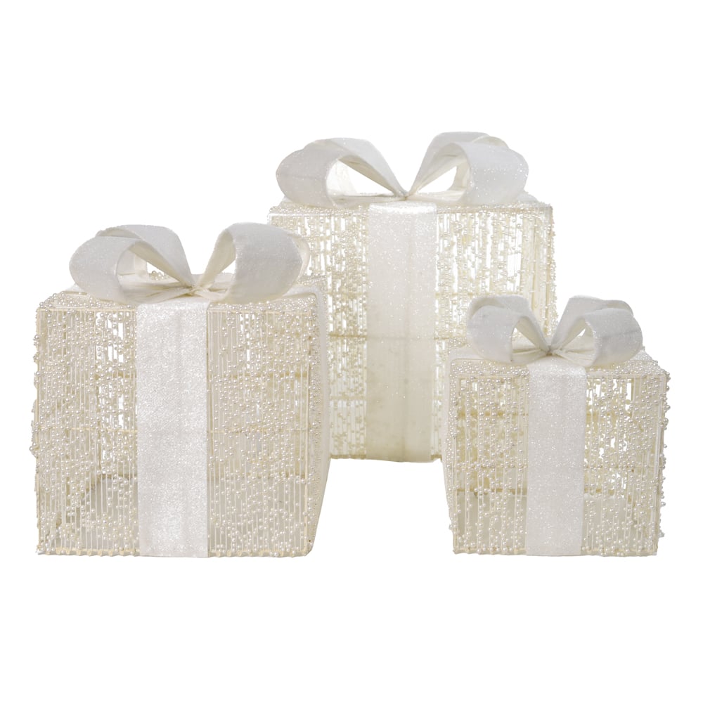 NATAL  CJ PRESENTES DECORATIVOS C/ LED C/3 25cm (BRANCO)