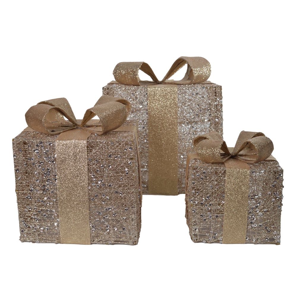 NATAL  CJ PRESENTES DECORATIVOS C/ LED C/3 25cm (CHAMPANHE)