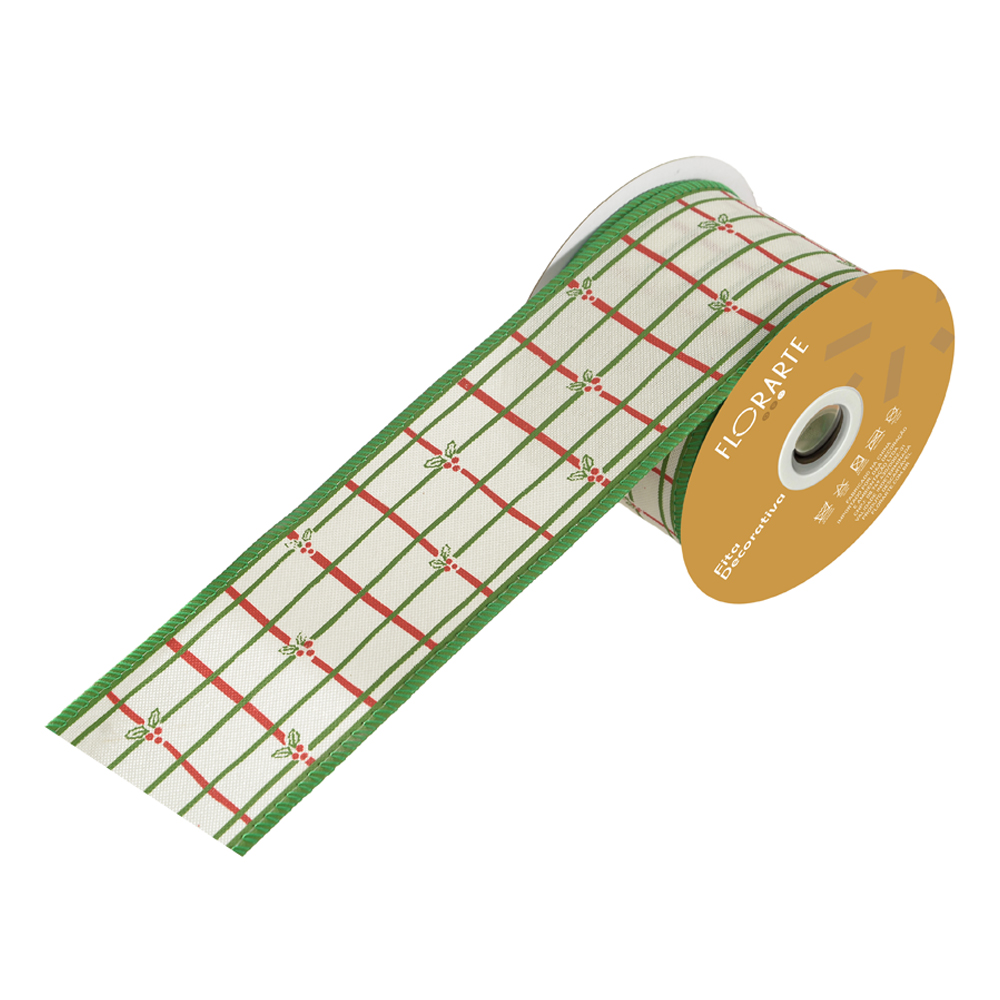 FITA ARAMADA LINHO C/COSTURA (OFF WHITE VERDE) 6,3cmX9,14m