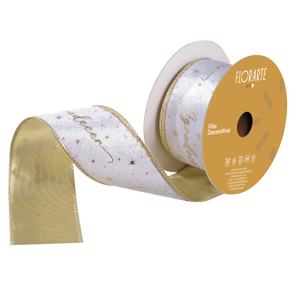 FITA ARAMADA VELUDO DUPLA FACE C/ FOIL C/COSTURA (BRANCO CHAMPANHE) 6,3cmX9,14m