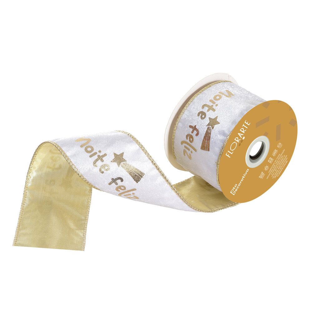 FITA ARAMADA VELUDO DUPLA FACE C/ FOIL C/COSTURA (BRANCO DOURADO) 6,3cmX9,14m