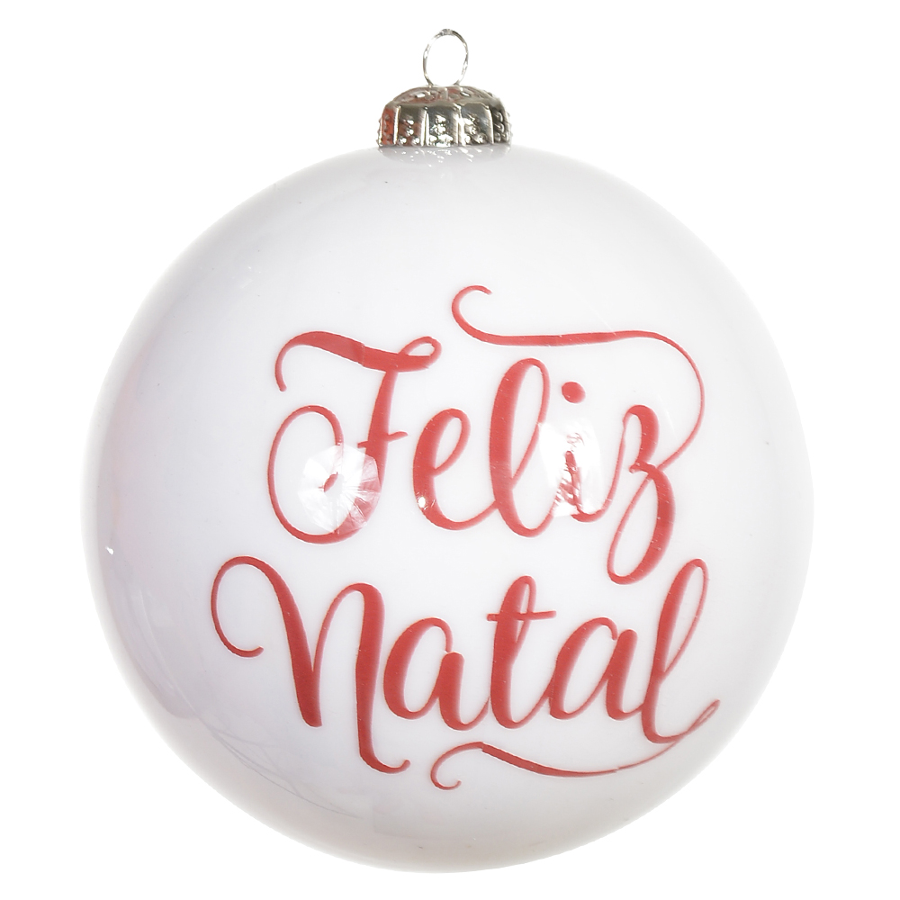 BOLA DECORADA PALAVRAS NATAL (BRANCO) 10cm
