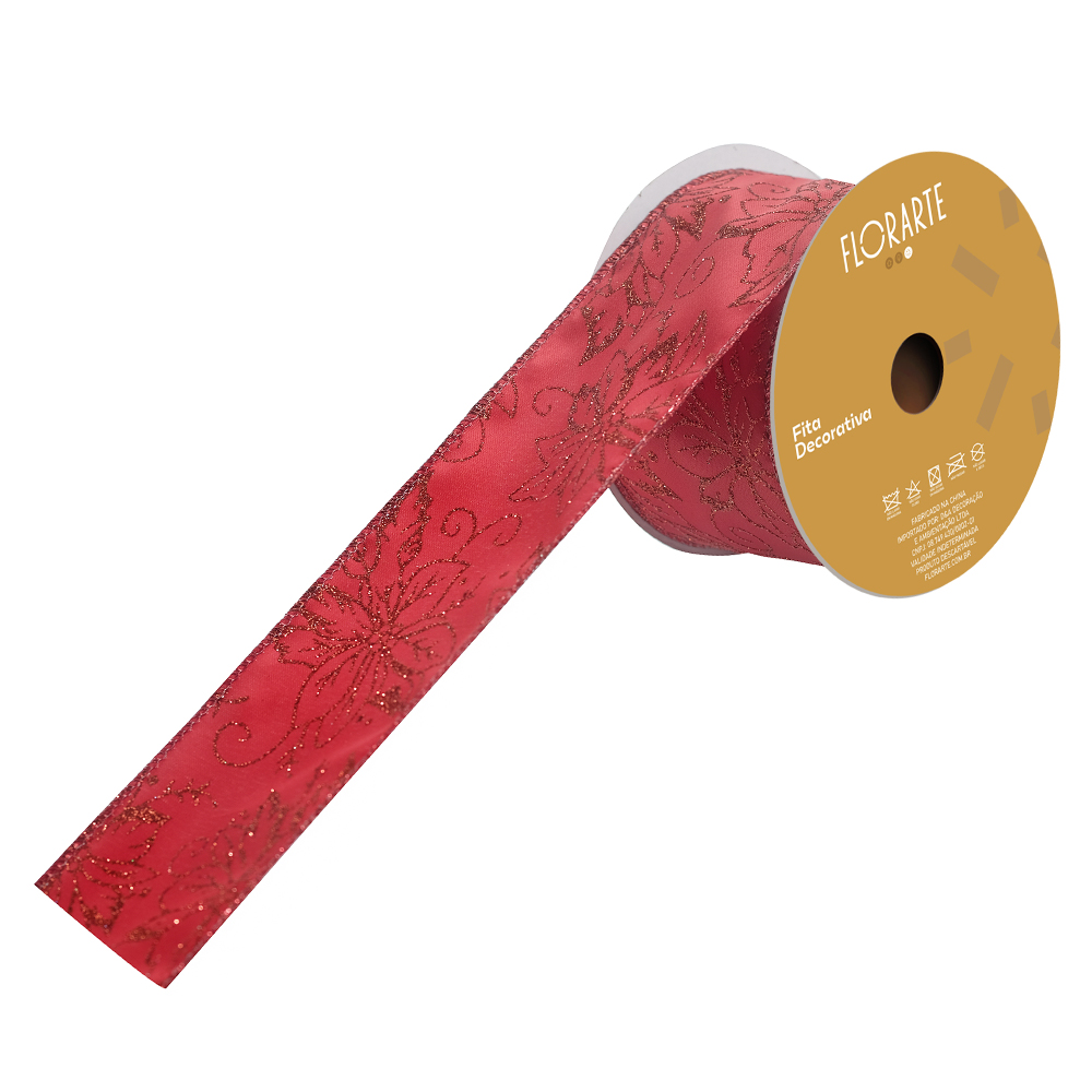 FITA ARAMADA CETIM C/ GLITTER C/COSTURA (VERMELHO) 6,3cmX9,14m