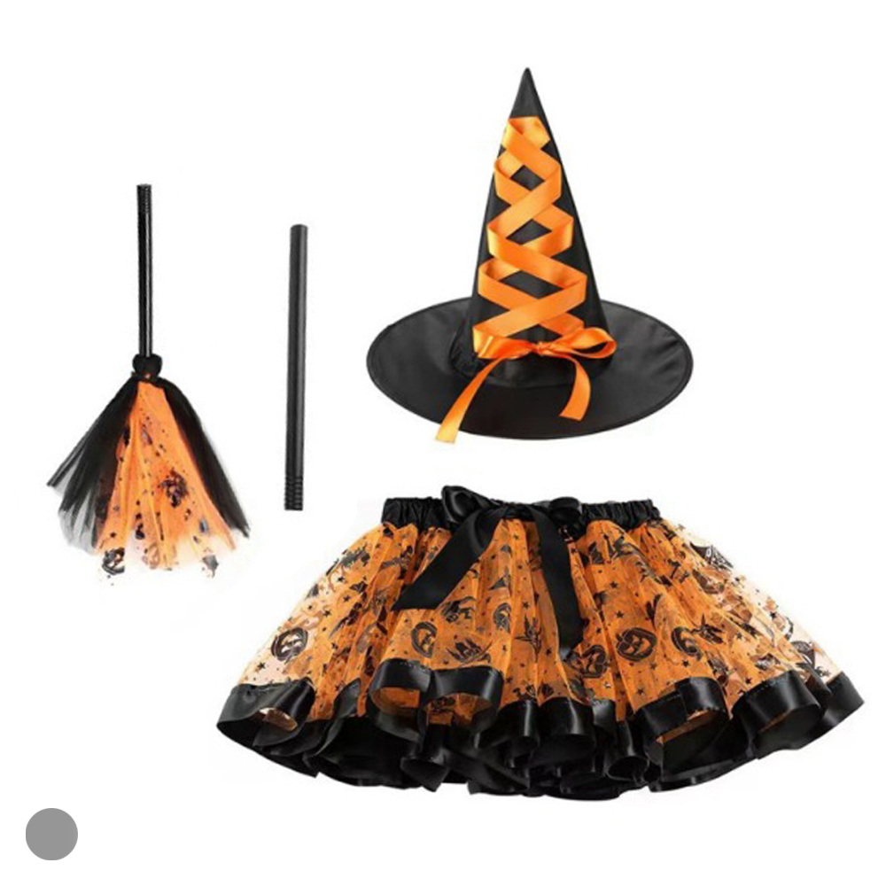 FANTASIA BRUXA KIT SAIA+CHAPEU+VASSOURA (LARANJA) 22cm