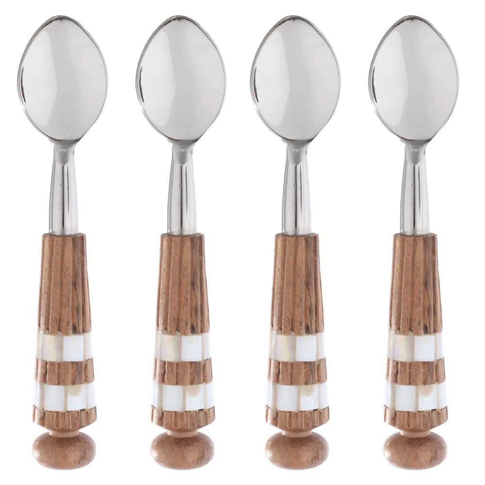 CJ COLHERES ACO INOX 14,6cm C/4 PCS MAD ACACIA E MADREPEROLA (PRATA)