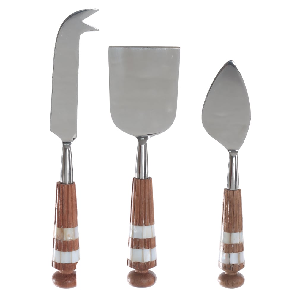 CJ FACAS P/ QUEIJO ACO INOX 17,78cm C/3 PCS MAD ACACIA E MADREPEROLA (PRATA)