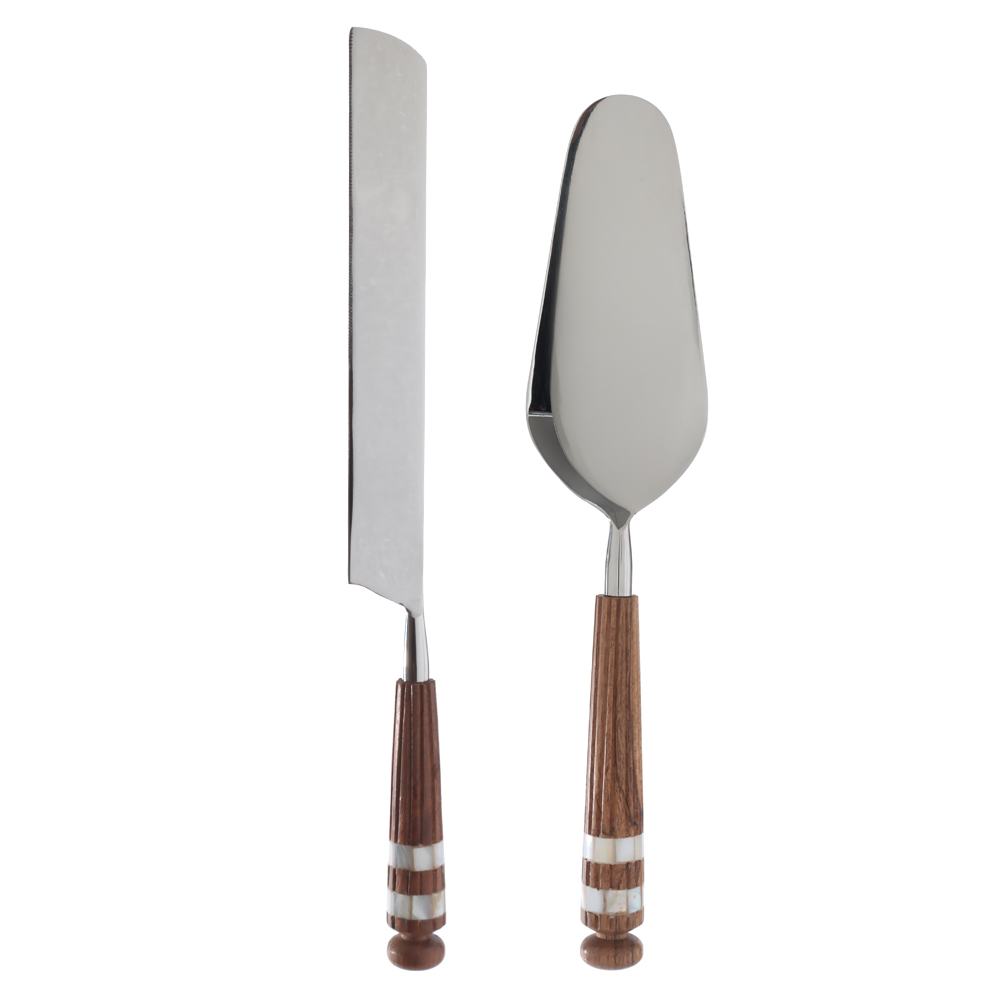CJ FACAS PARA BOLO ACO INOX 30,48cm C/2 PCS MAD ACACIA E MADREPEROLA (PRATA)