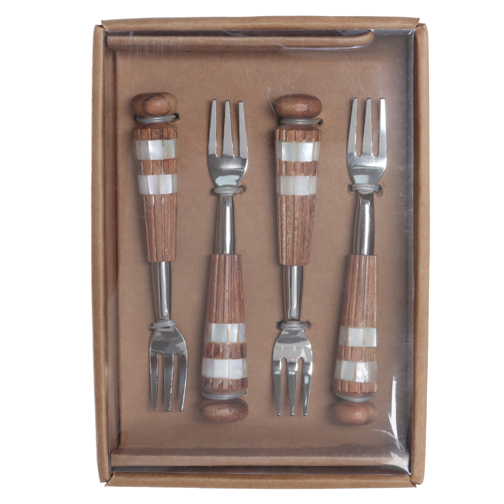 CJ GARFOS ACO INOX 14,6cm C/4 PCS MAD ACACIA E MADREPEROLA (PRATA)