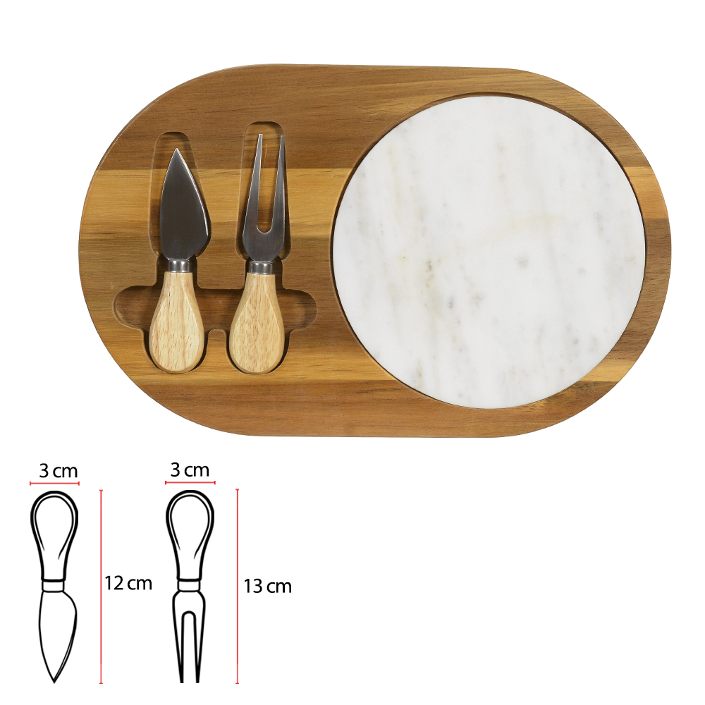 TABUA DE FRIOS MD ACACIA 1,5X20X32cm C/MARMORE E TALHERES (BEGE)