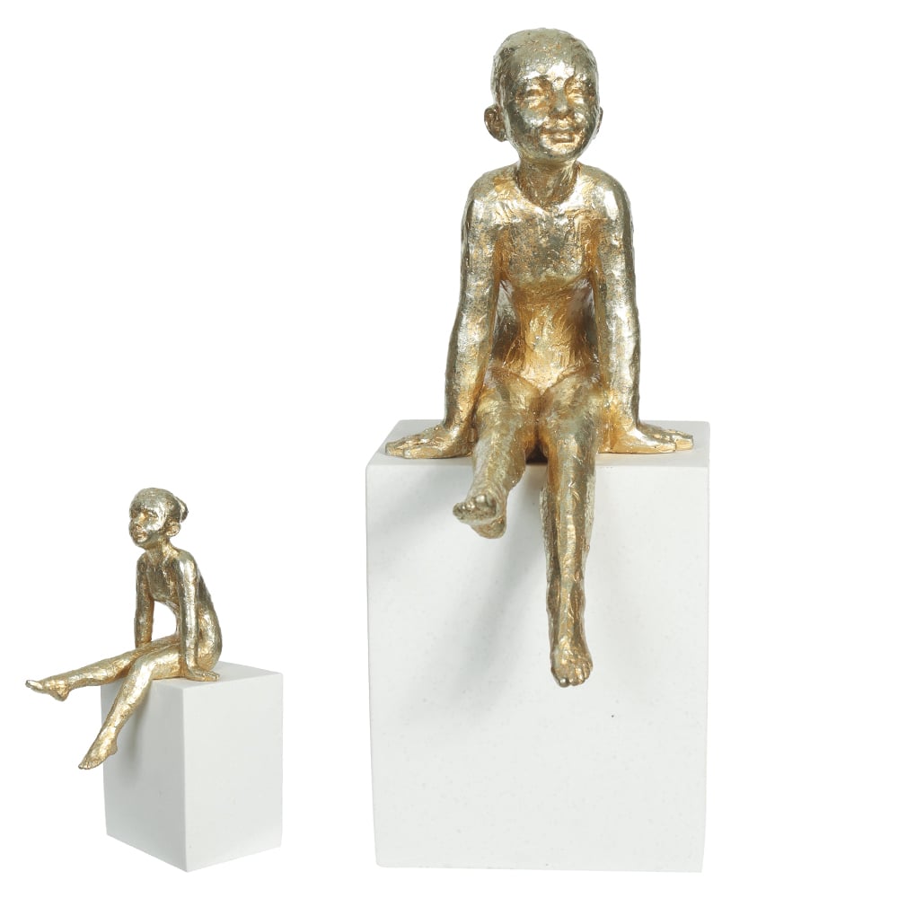 ESCULTURA DECORATIVA POLIRESINA MENINA SENTADA (DOURADO BRANCO) 20,5X13,5X8,3cm