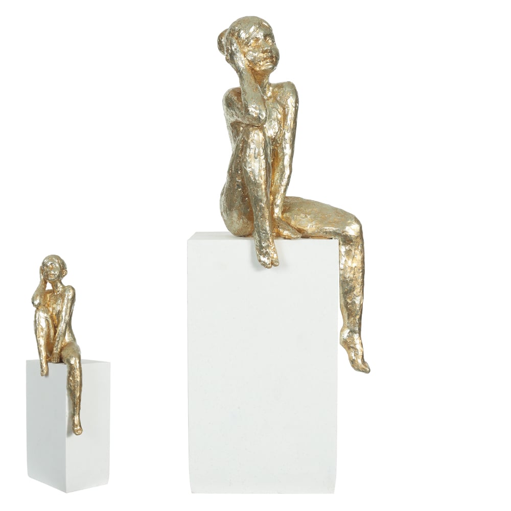 ESCULTURA DECORATIVA POLIRESINA MENINA SENTADA (DOURADO BRANCO) 28X10,8X8,5cm