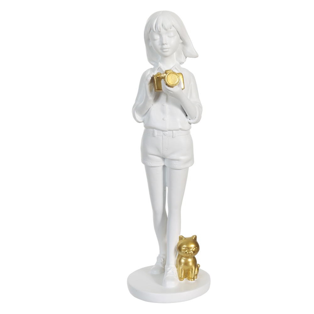 ESCULTURA DECOR POLIRESINA MENINA E GATO (BRANCO DOURADO) 23X7,3X7,3cm