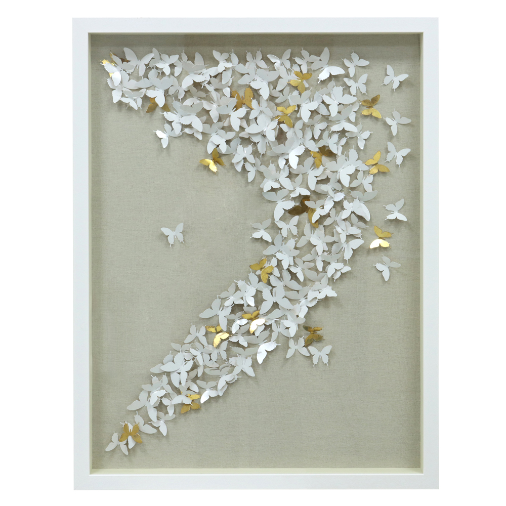 QUADRO DECORATIVO BORBOLETAS (BRANCO DOURADO) 80X60X5cm
