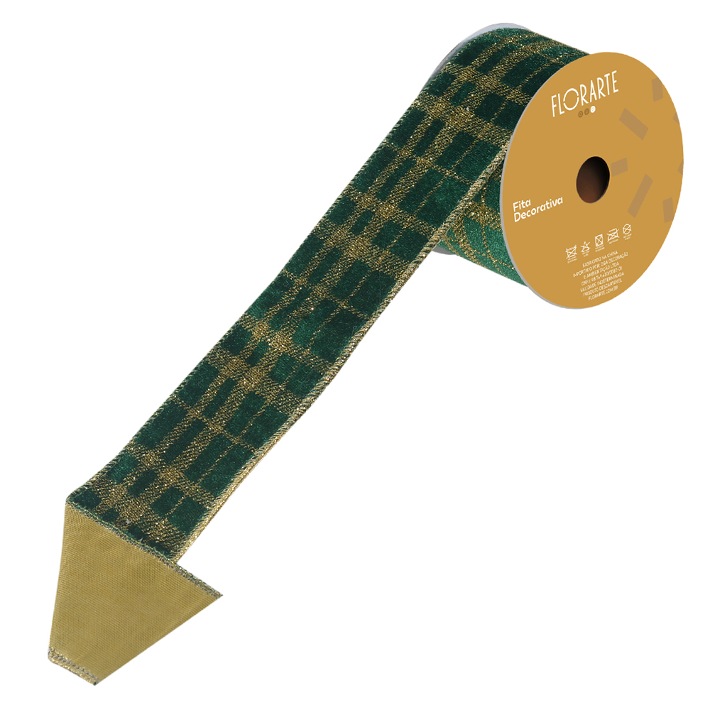 FITA ARAMADA VELUDO DUPLA FACE C/ GLITTER C/COSTURA (VERDE DOURADO) 6,3cmX9,14m