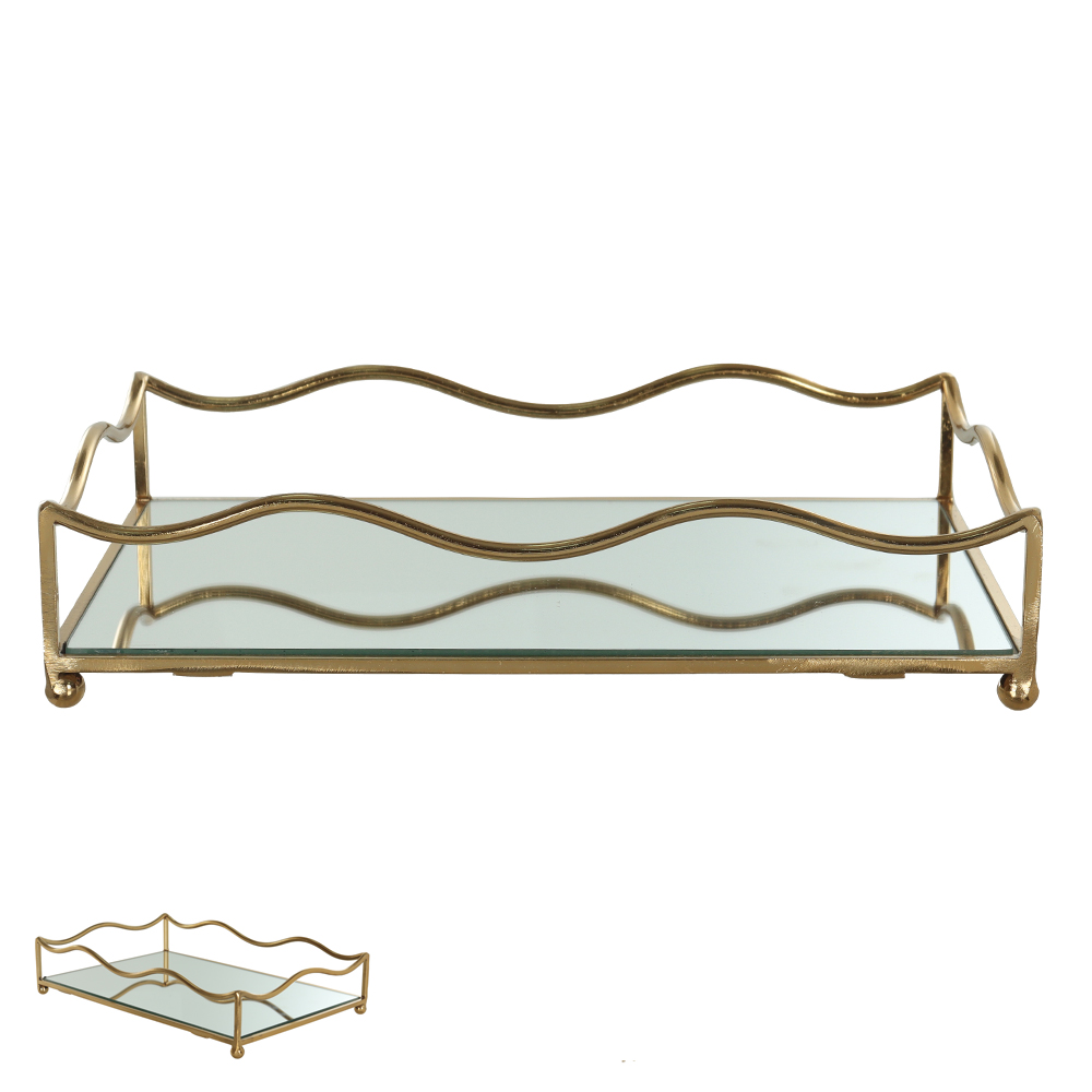 BANDEJA METAL COM ESPELHO ONDAS (DOURADA) 6,5X30X20cm