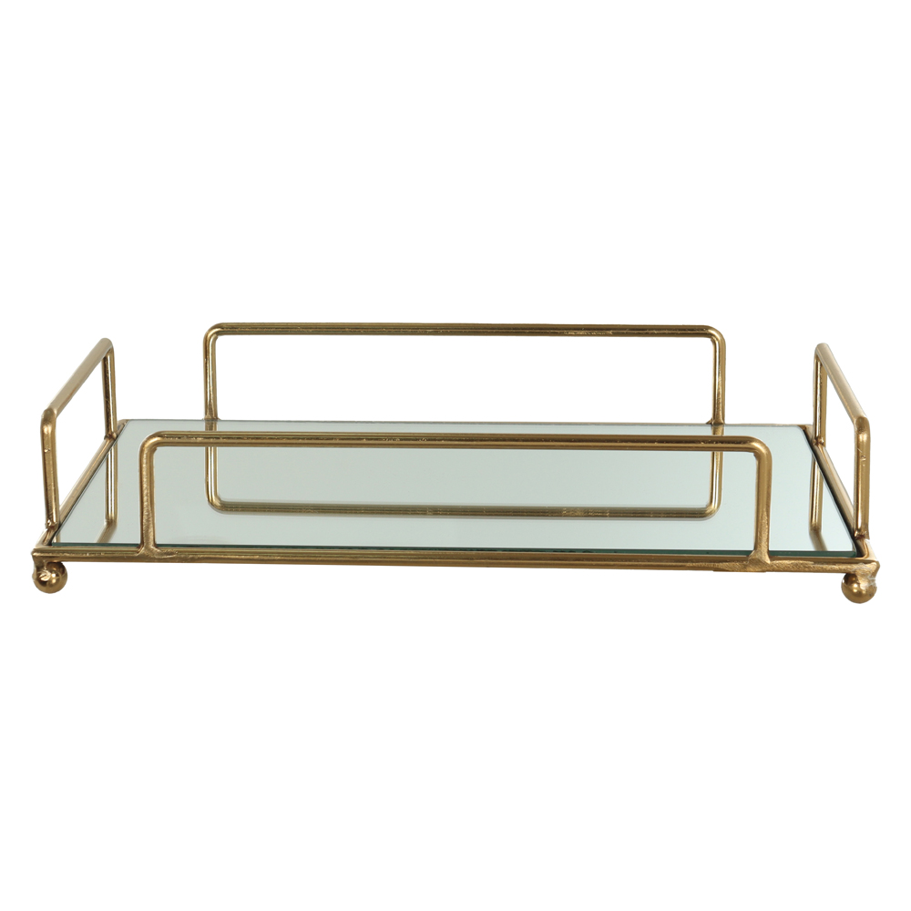 BANDEJA METAL C/ESPELHO RETANGULOS (DOURADA) 6,5X30X20cm