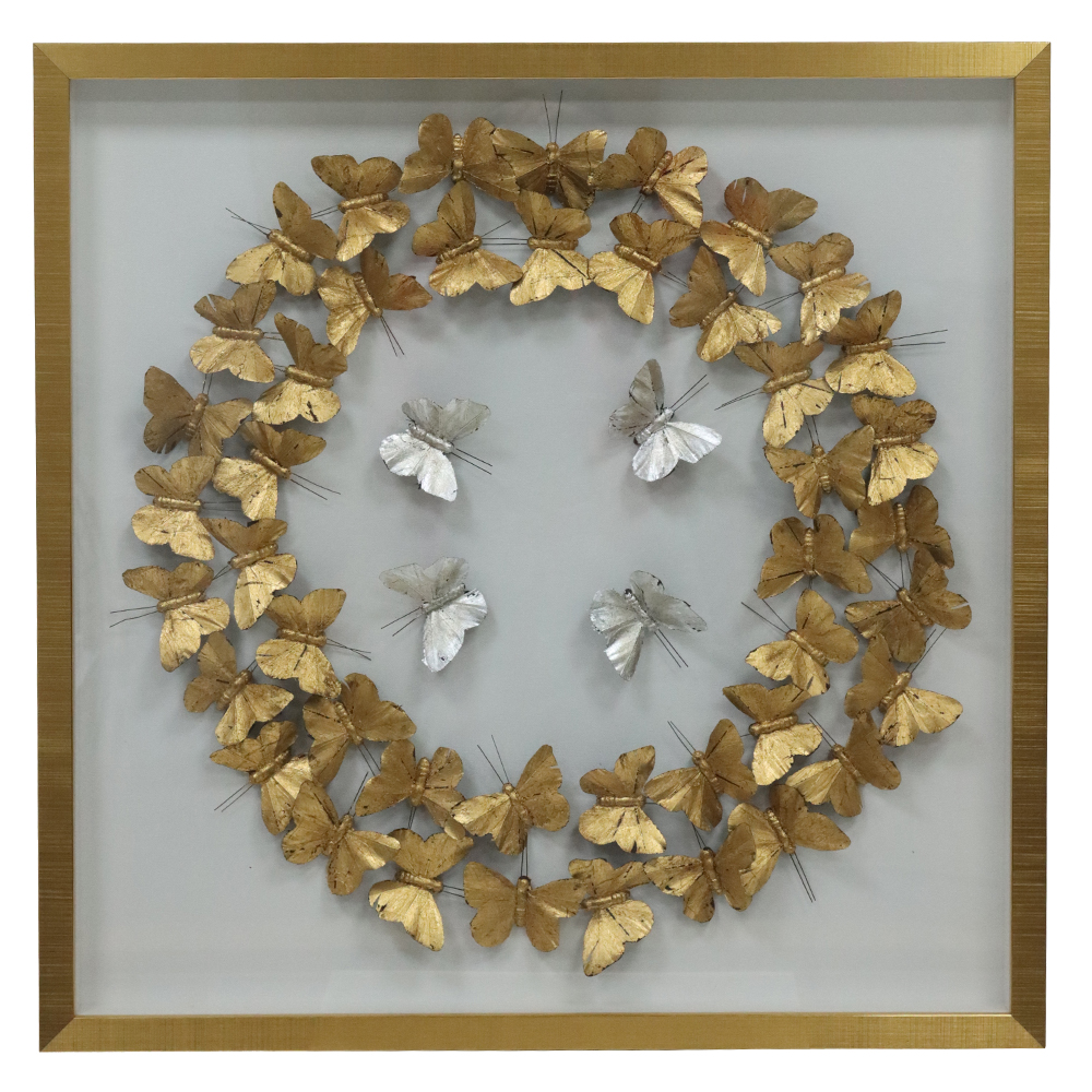 QUADRO DECORATIVO ACRILICO COM BORBOLETA (DOURADO BRANCO) 60X60X3,5cm