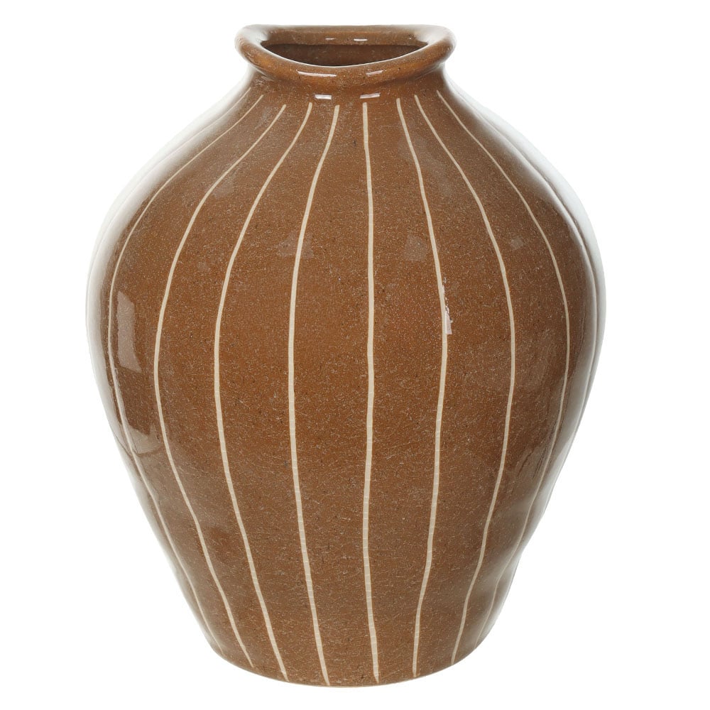 VASO DECORATIVO CERAMICA COM LISTRAS (MARROM OFF WHITE) 21,5cm 17,5d