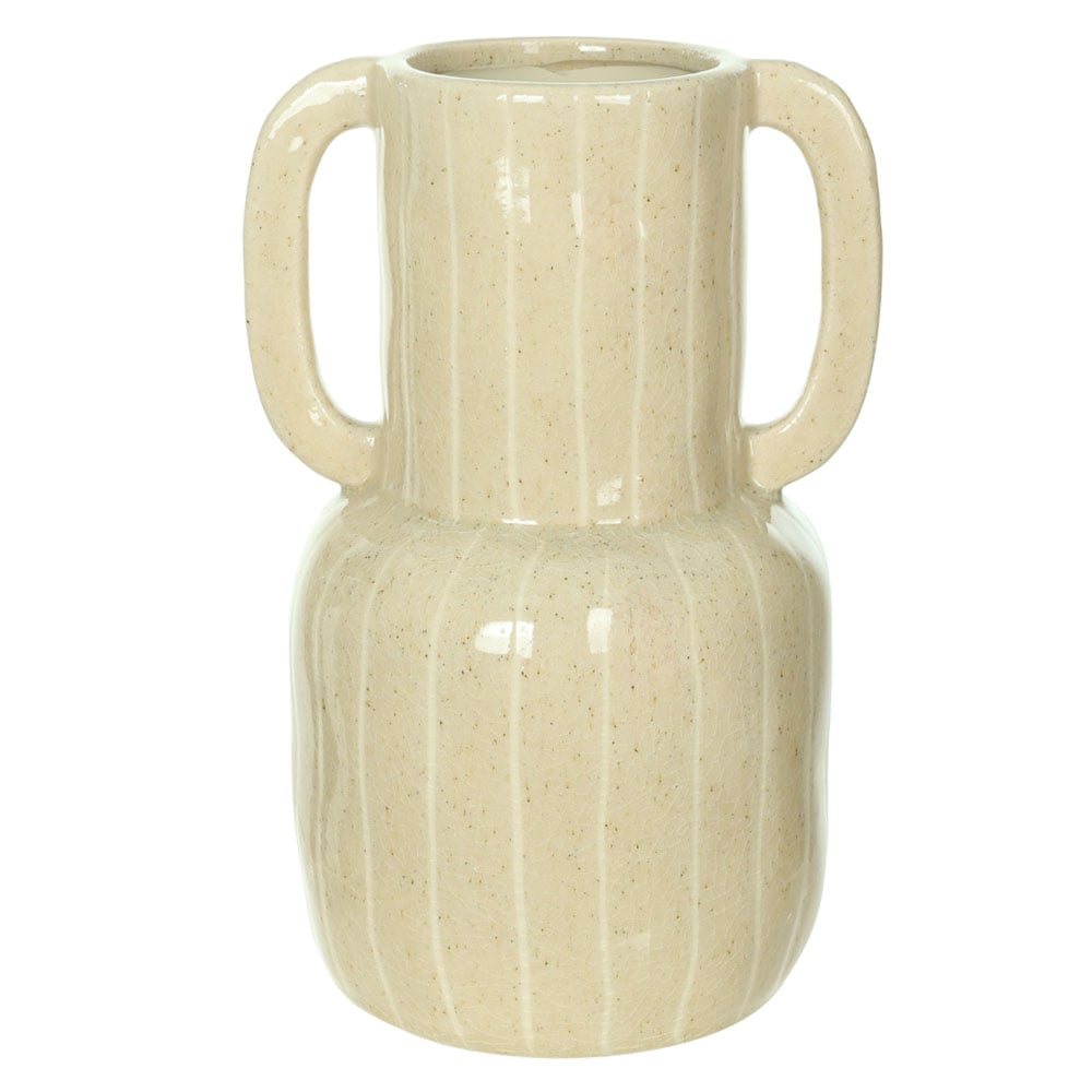 VASO DECORATIVO CERAMICA COM LISTRAS E ALCA (OFF WHITE) 25,5X17X15cm