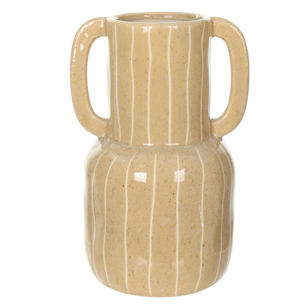 VASO DECORATIVO CERAMICA COM LISTRAS E ALCA (BEGE OFF WHITE) 25,5X17X15cm