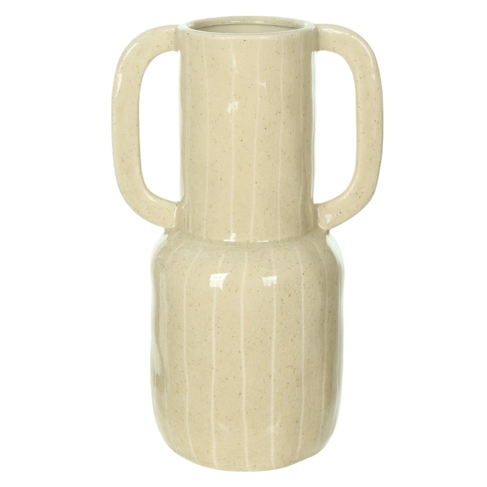 VASO DECORATIVO CERAMICA COM LISTRAS E ALCA (OFF WHITE) 30,5X19X14cm