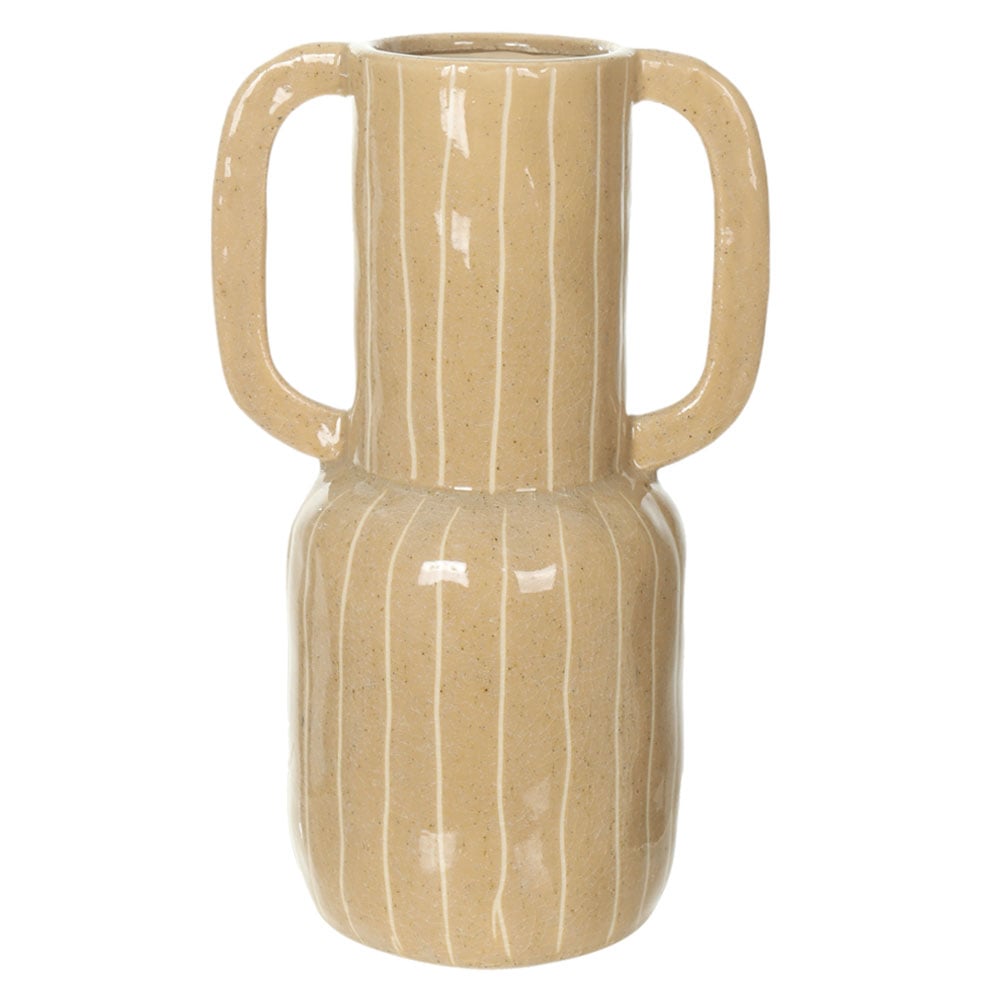VASO DECORATIVO CERAMICA COM LISTRAS E ALCA (BEGE OFF WHITE) 30,5X19X14cm