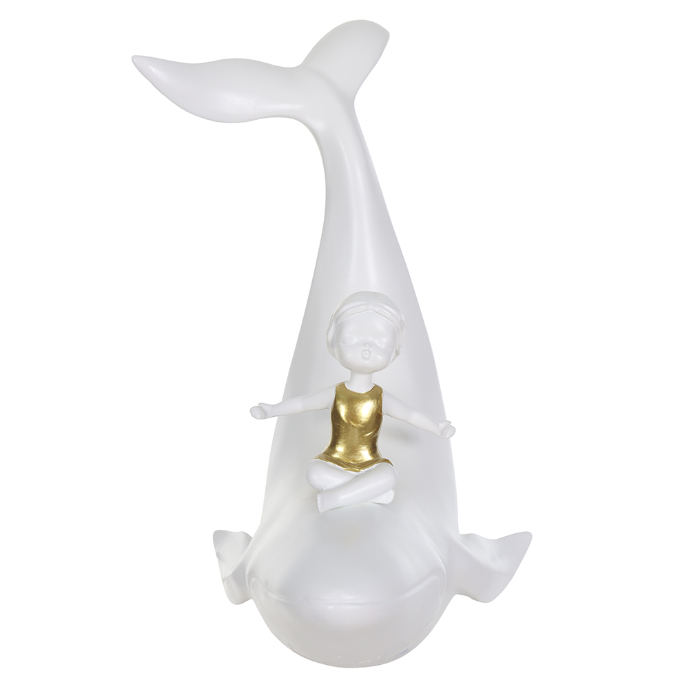 ESCULTURA DECORATIVA POLIRESINA BALEIA E MENINA (BRANCO DOURADO) 20X27X13cm