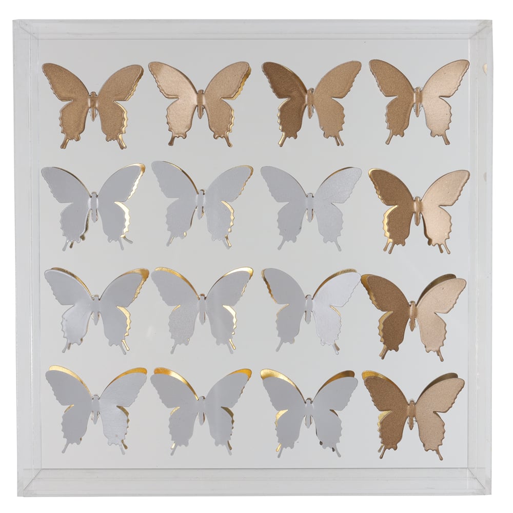 ESCULTURA DECORATIVA ACRILICO BORBOLETA (BRANCO DOURADO) 20X20X5cm