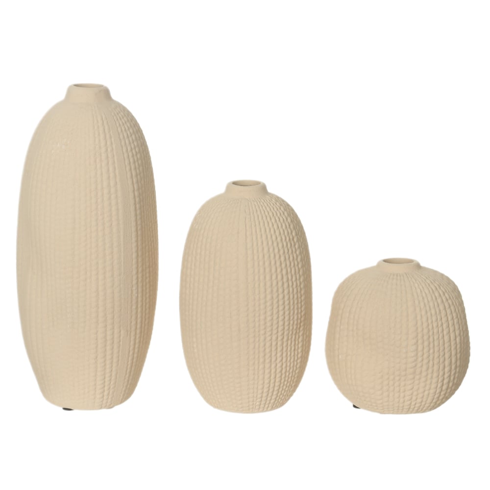 KIT VASOS DECOR CERAMICA TEXTURADO C/3 BRANCO (BEGE) 23,8cm 10,2d