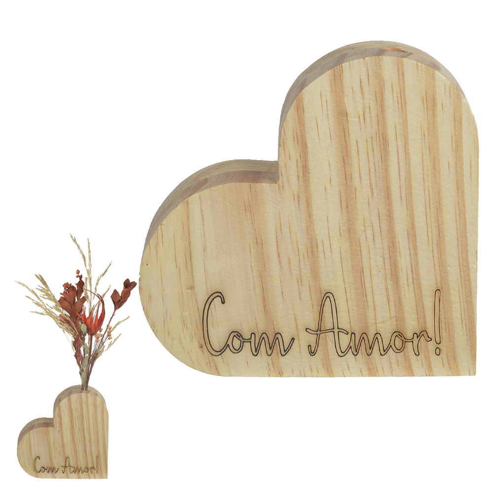 VASO CORACAO MADEIRA PRESENTE (NATURAL) 17X15CM