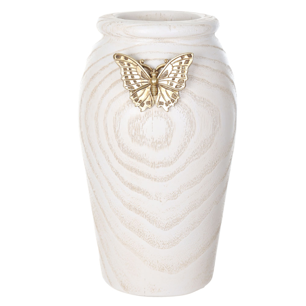 VASO DECORATIVO POLIRESINA COM BORBOLETA (BRANCO DOURADO) 24,7X14,6X14,1cm