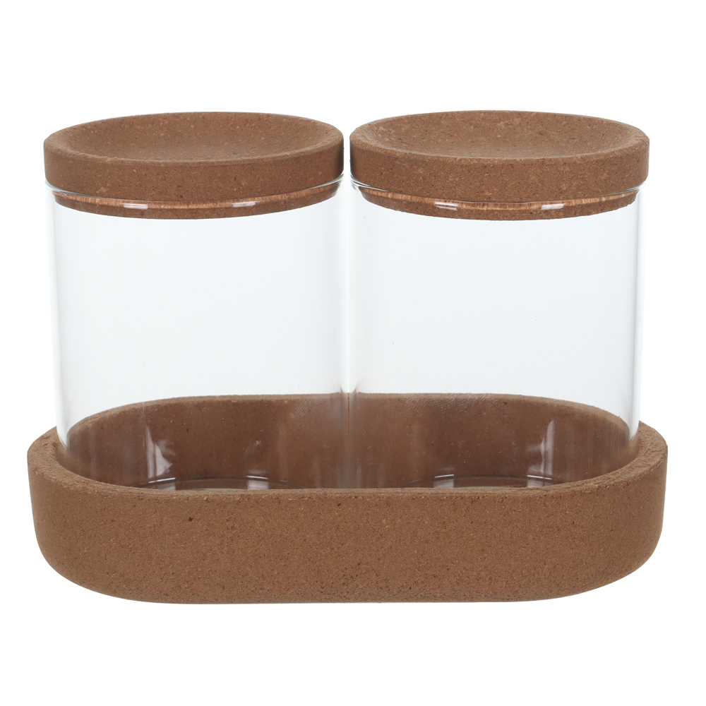 CJ PORTA CONDIMENTO VIDRO BORO 400ml C/ TAMPA E BANDEJA C/5 PCS EM CORTICA (TRAN