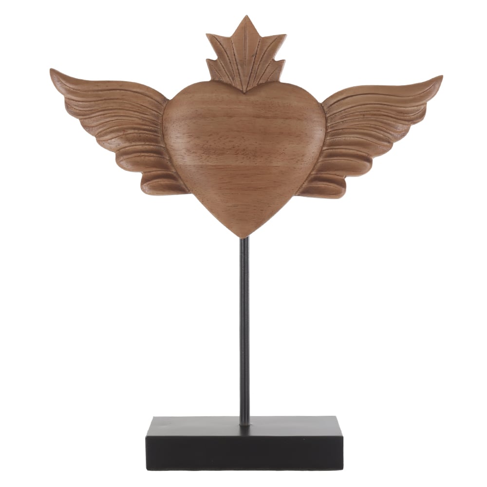 ESCULTURA DECORATIVA MADEIRA CORACAO ALADO (BEGE) 35X30X8cm