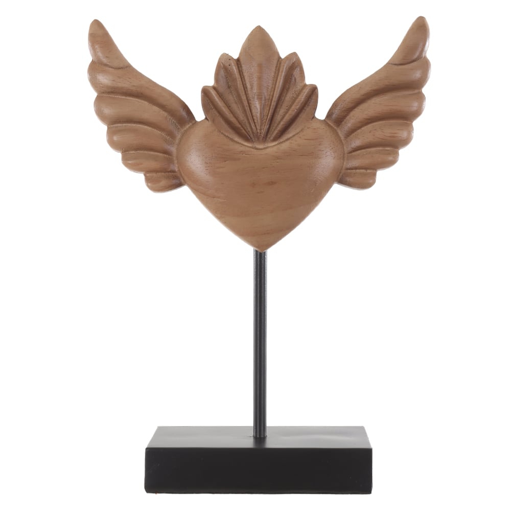 ESCULTURA DECORATIVA MADEIRA CORACAO ALADO (BEGE) 28,5X20X8cm