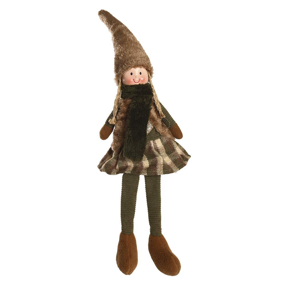 BONECO NATAL MENINA SENTADA (VERDE MARROM) 41X10cm