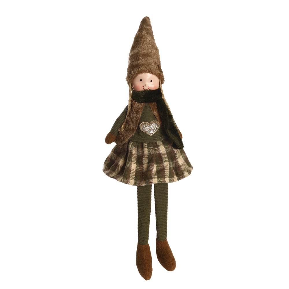 BONECO NATAL MENINA SENTADA (VERDE MARROM) 65X15cm