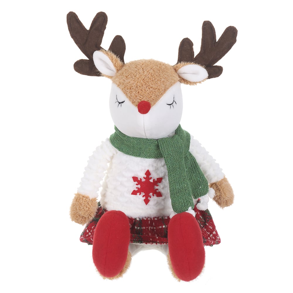 BONECO NATAL RENA FEMEA SENTADA (VERMELHO VERDE BEGE) 32cm