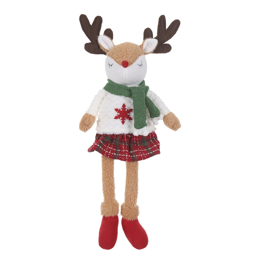 BONECO NATAL RENA FEMEA SENTADA (VERMELHO VERDE BEGE) 47cm