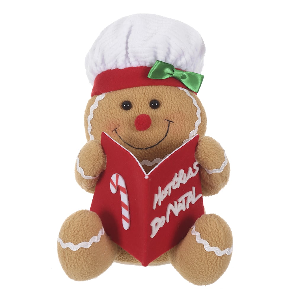 BONECO NATAL GINGERBREAD MENINA SENTADA C/LIVRO (VERMELHO BRANCO) 26cm