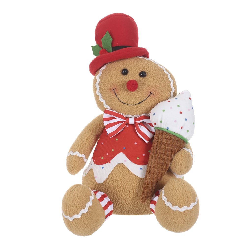 BONECO NATAL GINGERBREAD MENINO SENTADO C/SORVETE (VERMELHO BRANCO) 31cm
