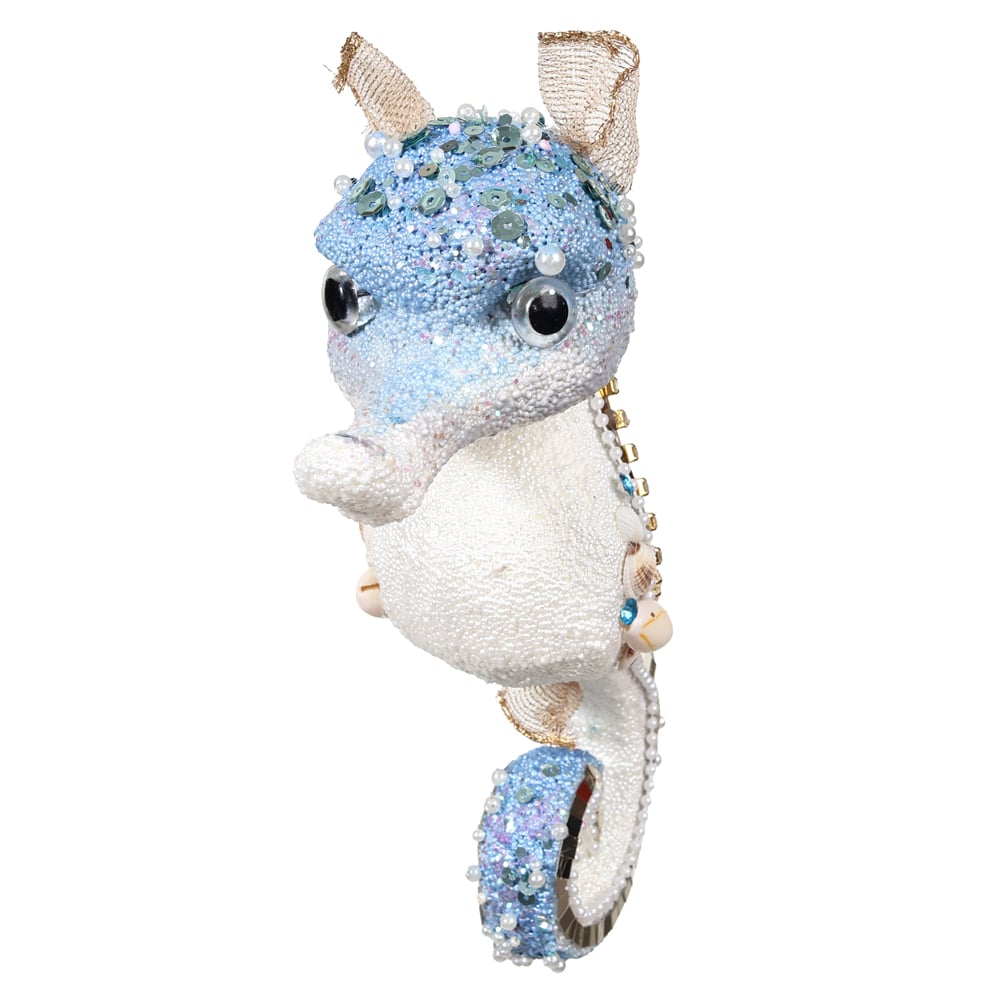 ENFEITE CAVALO MARINHO NATAL (AZUL BRANCO) 6,5X13X21cm