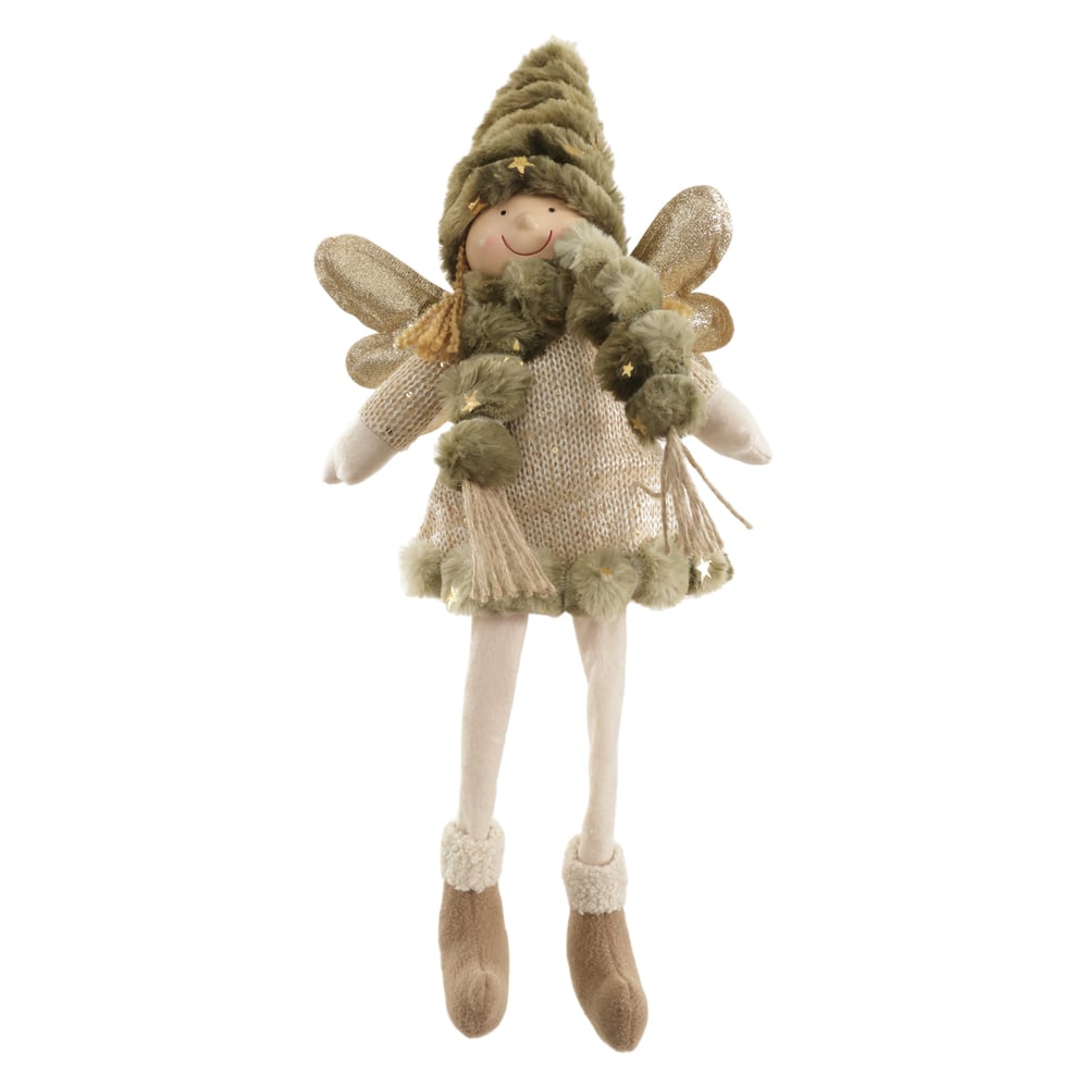 BONECO NATAL FADA SENTADA (VERDE BEGE DOURADO) 60X22cm