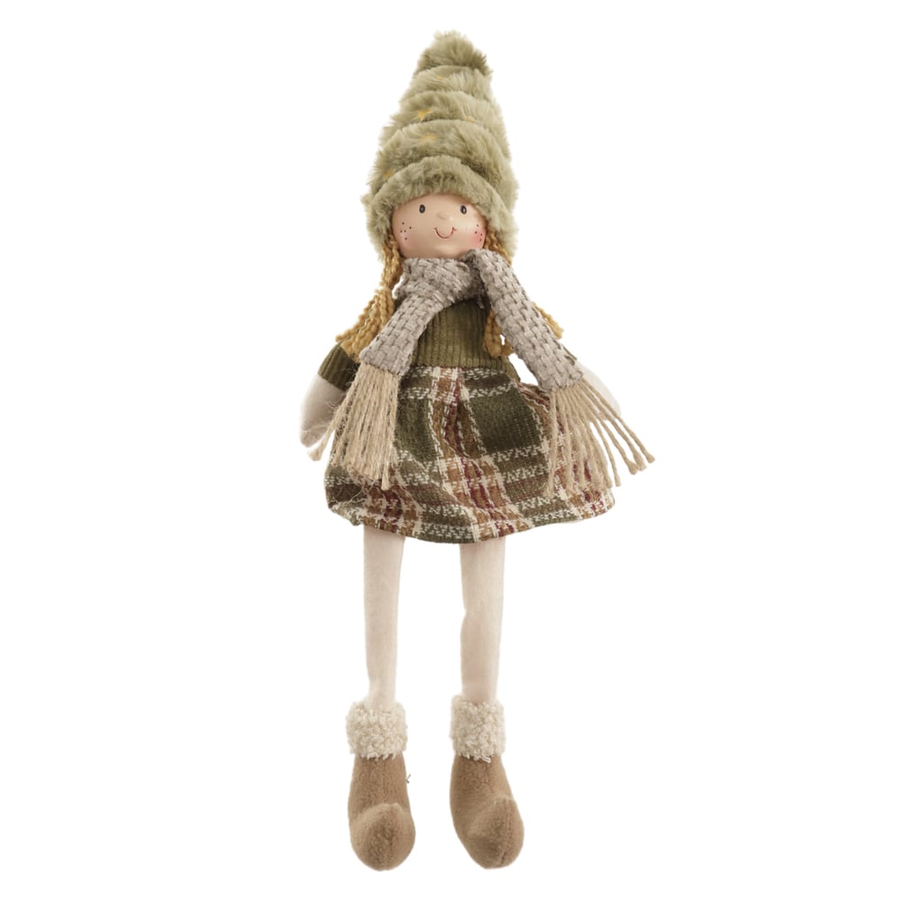 BONECO NATAL MENINA SENTADA (VERDE BEGE) 48X15cm