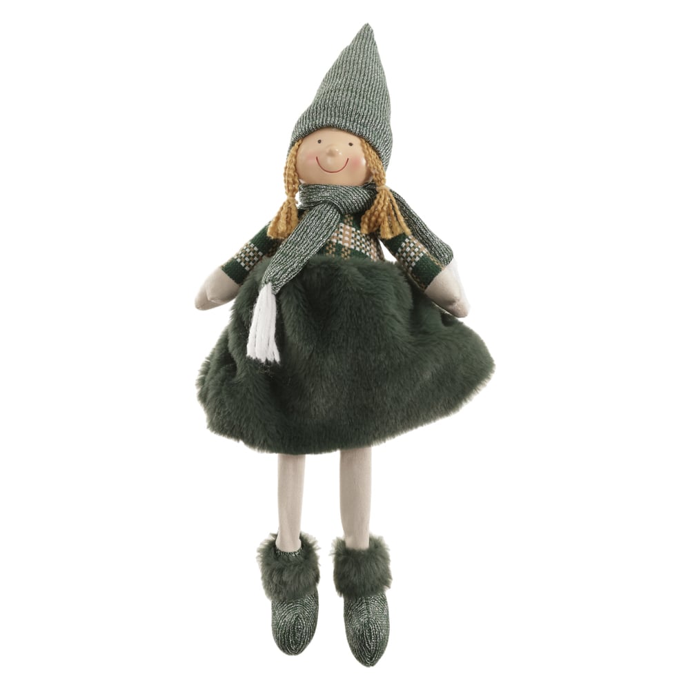 BONECO NATAL MENINA SENTADA (VERDE CINZA) 64X18cm