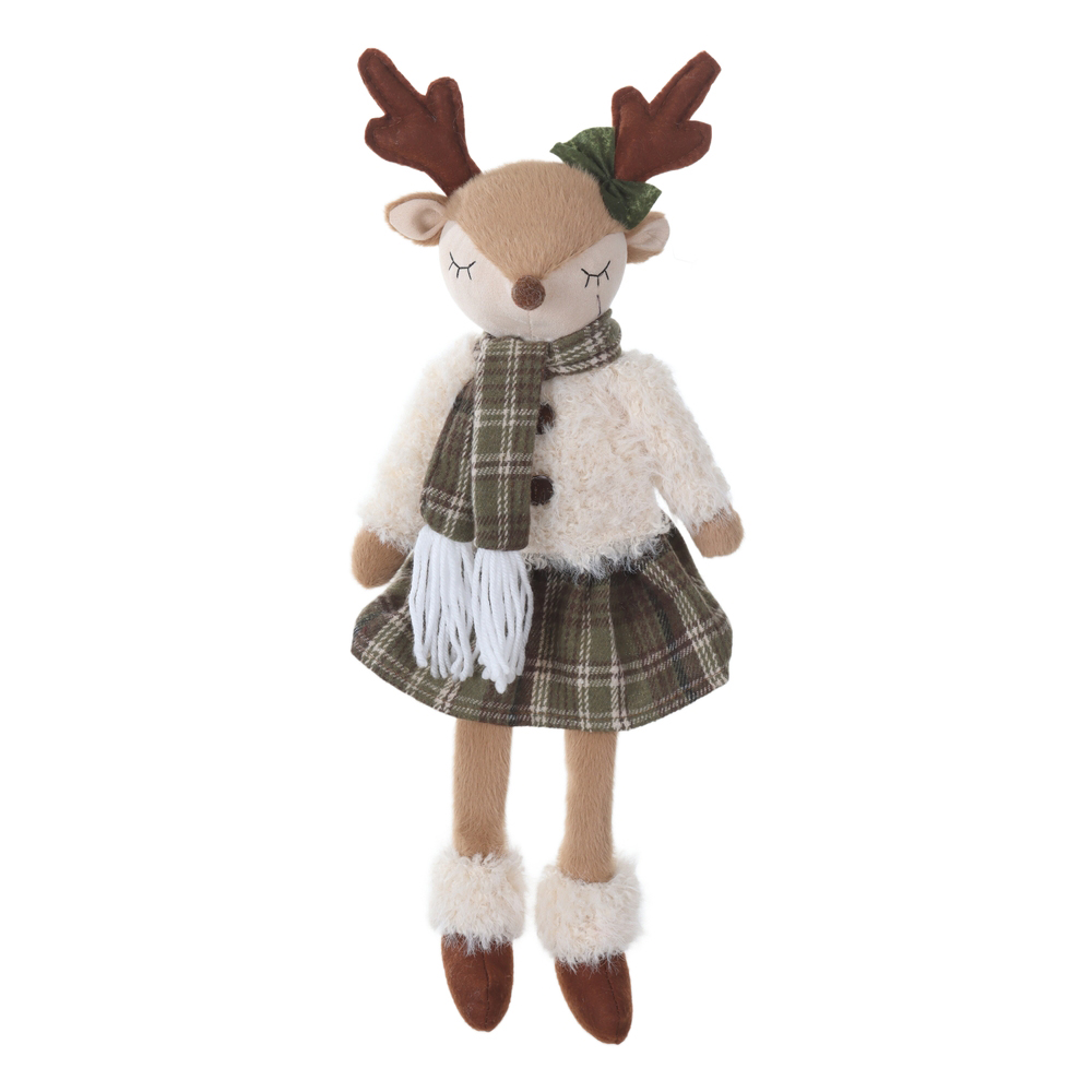 BONECO NATAL RENA FEMEA SENTADA (VERDE BEGE) 58X20cm