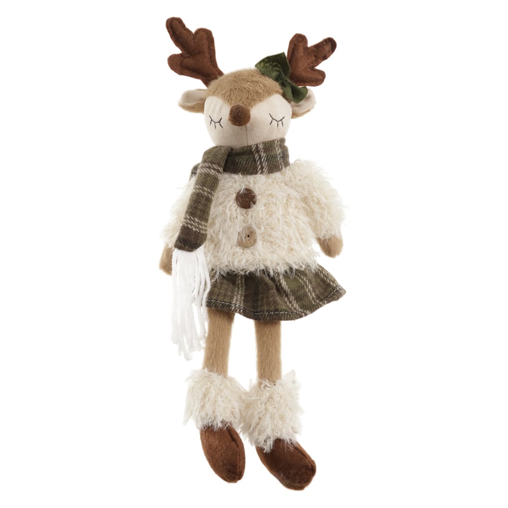 BONECO NATAL RENA FEMEA SENTADA (VERDE BEGE) 45X18cm